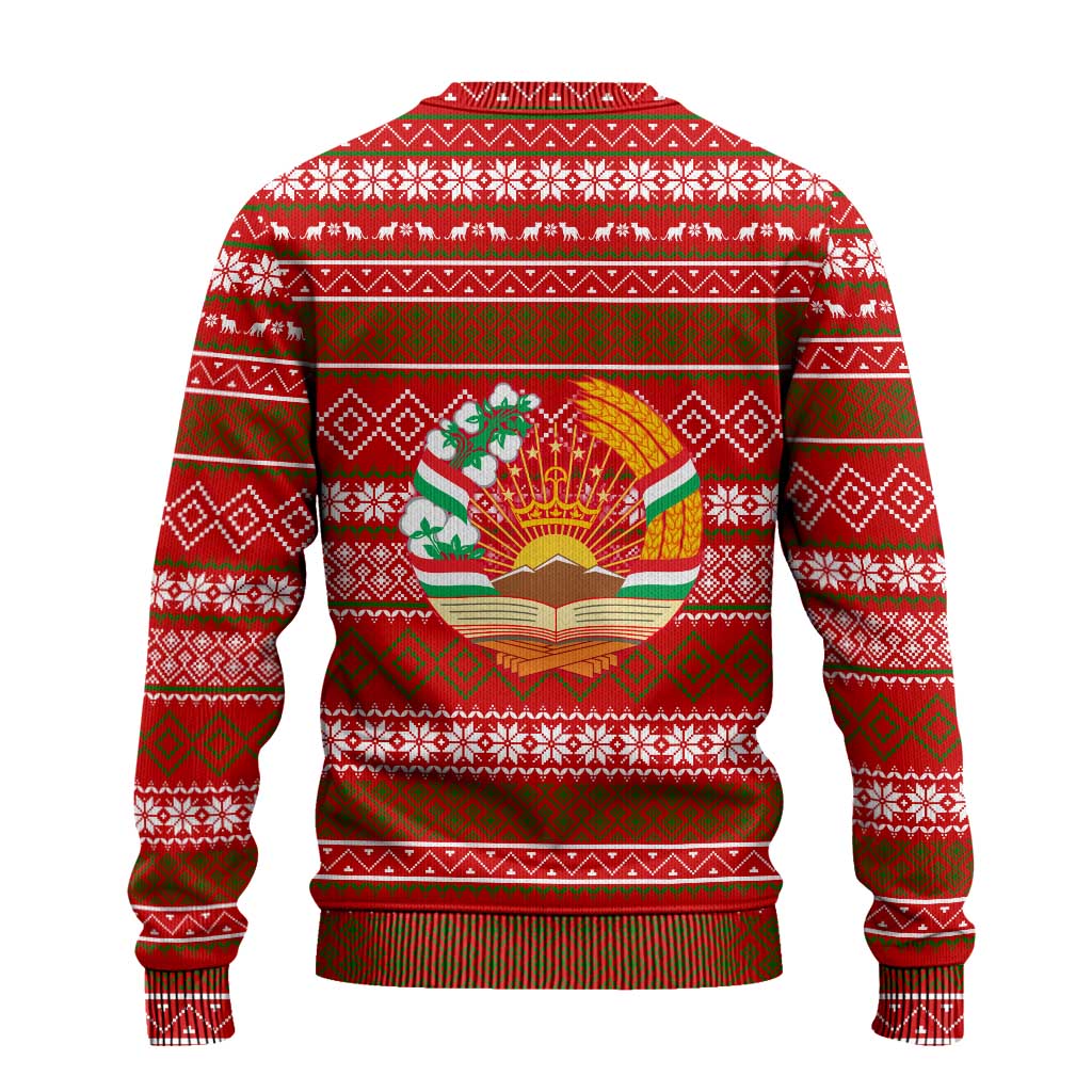 Tajikistan Christmas Ugly Christmas Sweater with Santa Riding Snow Leopard National Emblem and Red Holiday Pattern - Wonder Print Shop