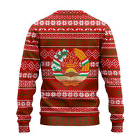 Tajikistan Christmas Ugly Christmas Sweater with Santa Riding Snow Leopard National Emblem and Red Holiday Pattern - Wonder Print Shop