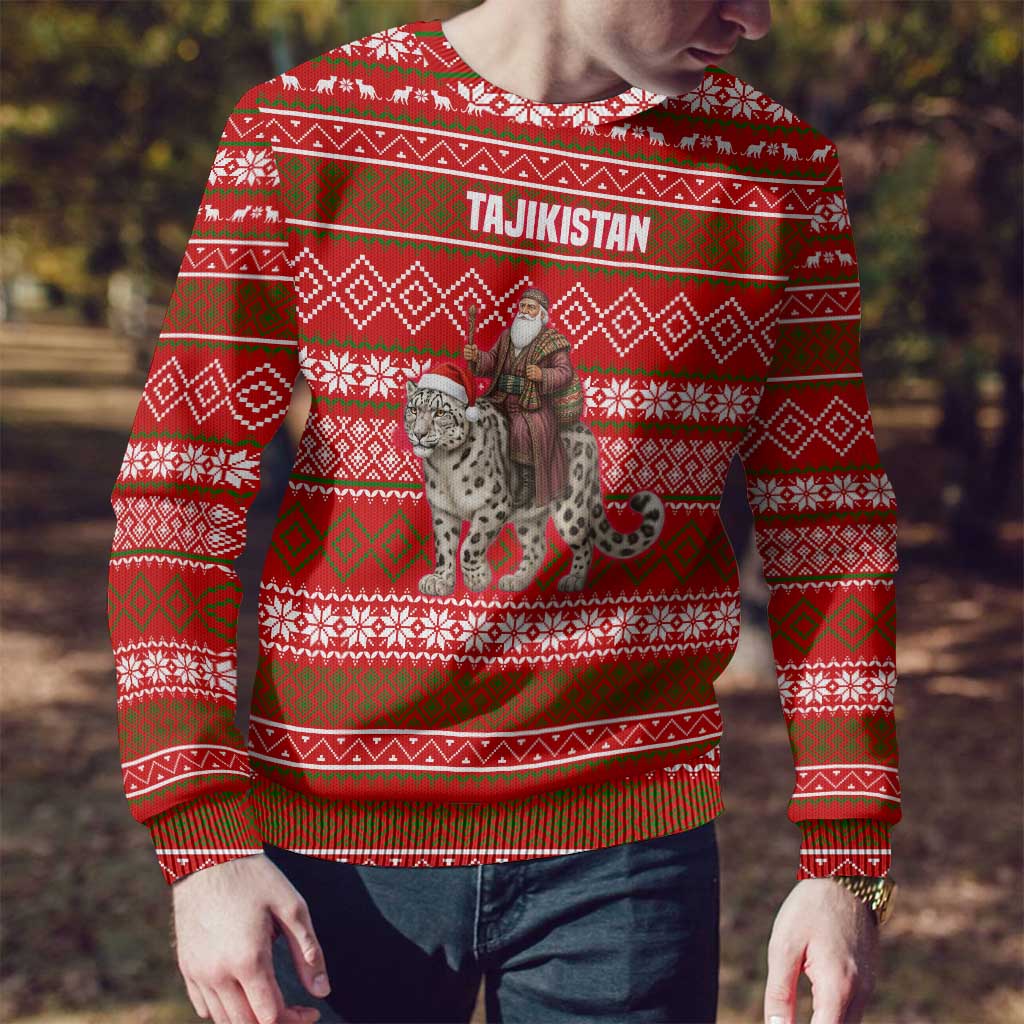 Tajikistan Christmas Ugly Christmas Sweater with Santa Riding Snow Leopard National Emblem and Red Holiday Pattern - Wonder Print Shop