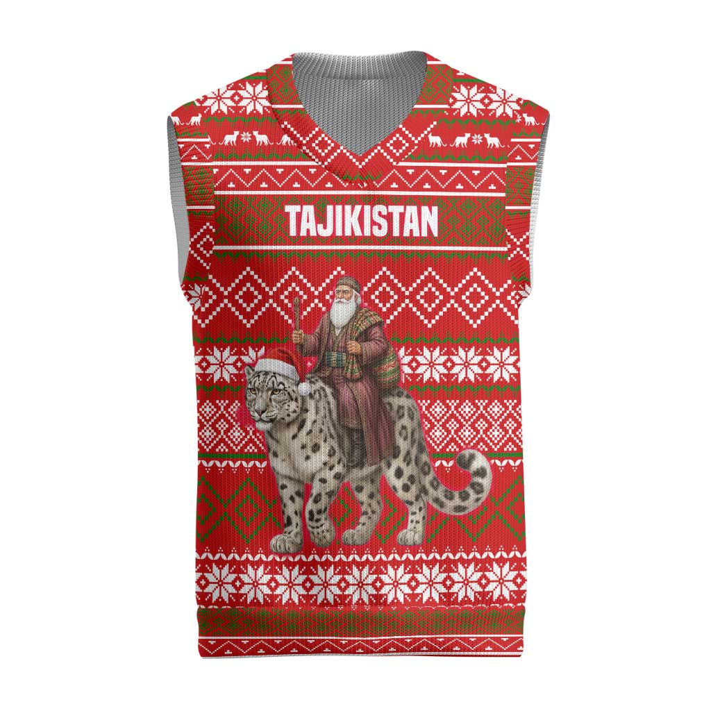 Tajikistan Christmas Knitted V-Neck Vest with Santa Riding Snow Leopard National Emblem and Red Holiday Pattern - Wonder Print Shop