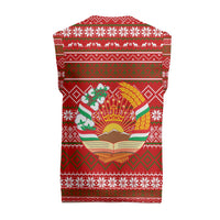 Tajikistan Christmas Knitted V-Neck Vest with Santa Riding Snow Leopard National Emblem and Red Holiday Pattern - Wonder Print Shop