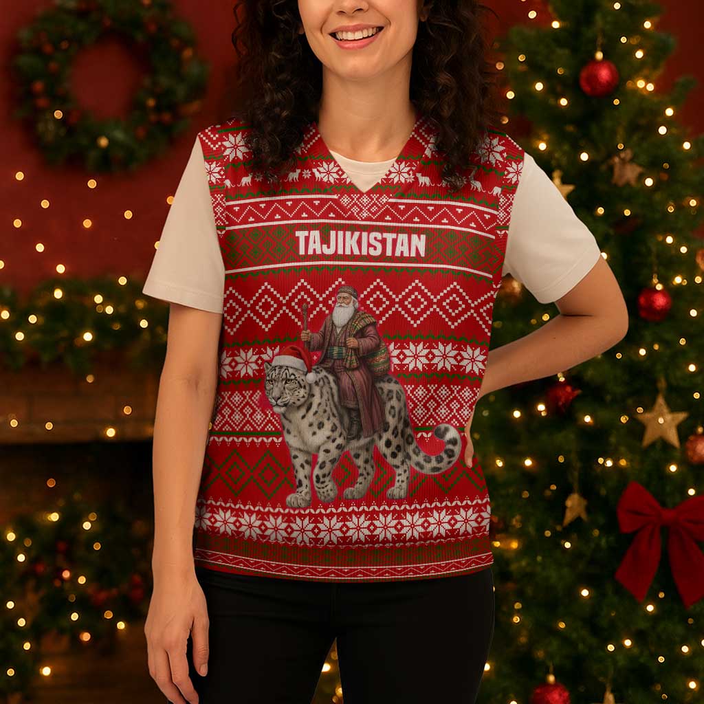 Tajikistan Christmas Knitted V-Neck Vest with Santa Riding Snow Leopard National Emblem and Red Holiday Pattern - Wonder Print Shop