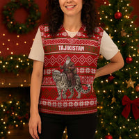 Tajikistan Christmas Knitted V-Neck Vest with Santa Riding Snow Leopard National Emblem and Red Holiday Pattern - Wonder Print Shop