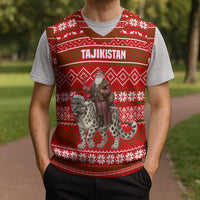 Tajikistan Christmas Knitted V-Neck Vest with Santa Riding Snow Leopard National Emblem and Red Holiday Pattern - Wonder Print Shop