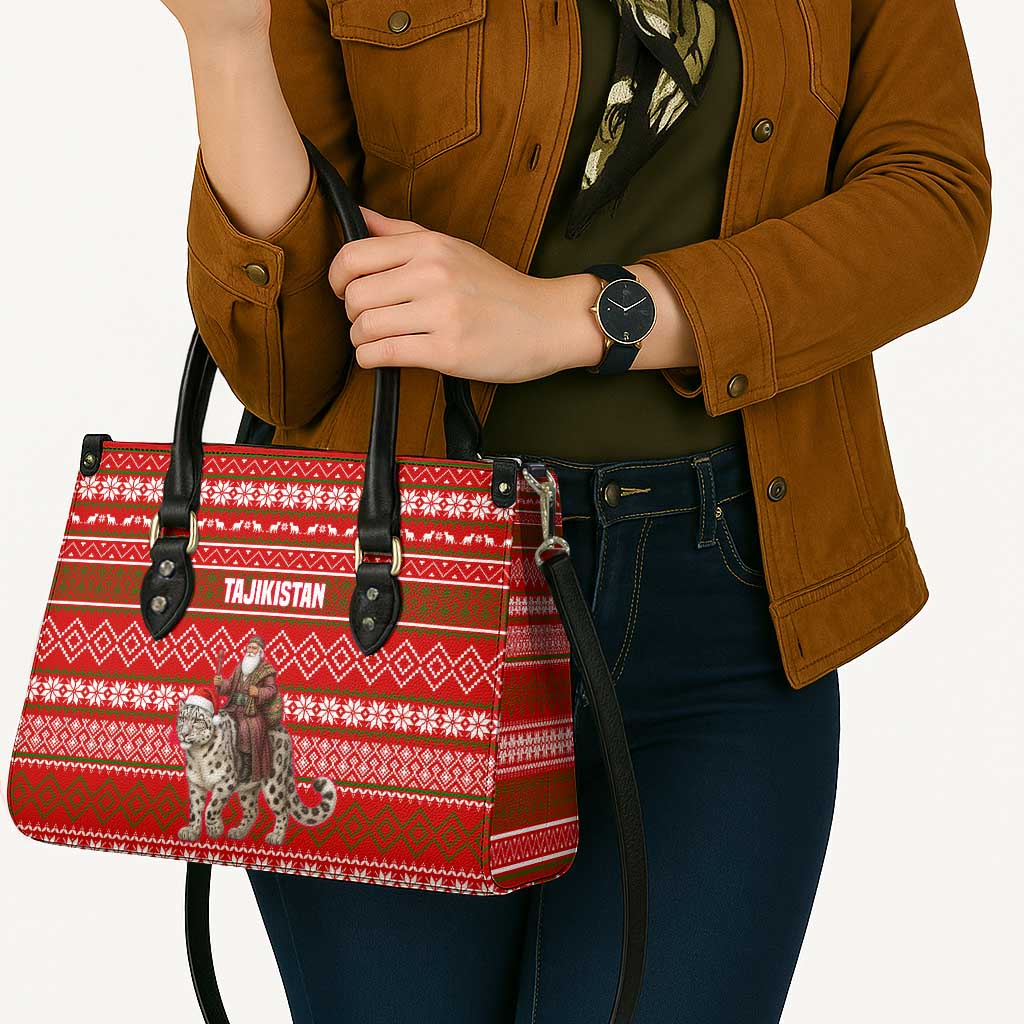 Tajikistan Christmas Leather Bag with Santa Riding Snow Leopard National Emblem and Red Holiday Pattern - Wonder Print Shop