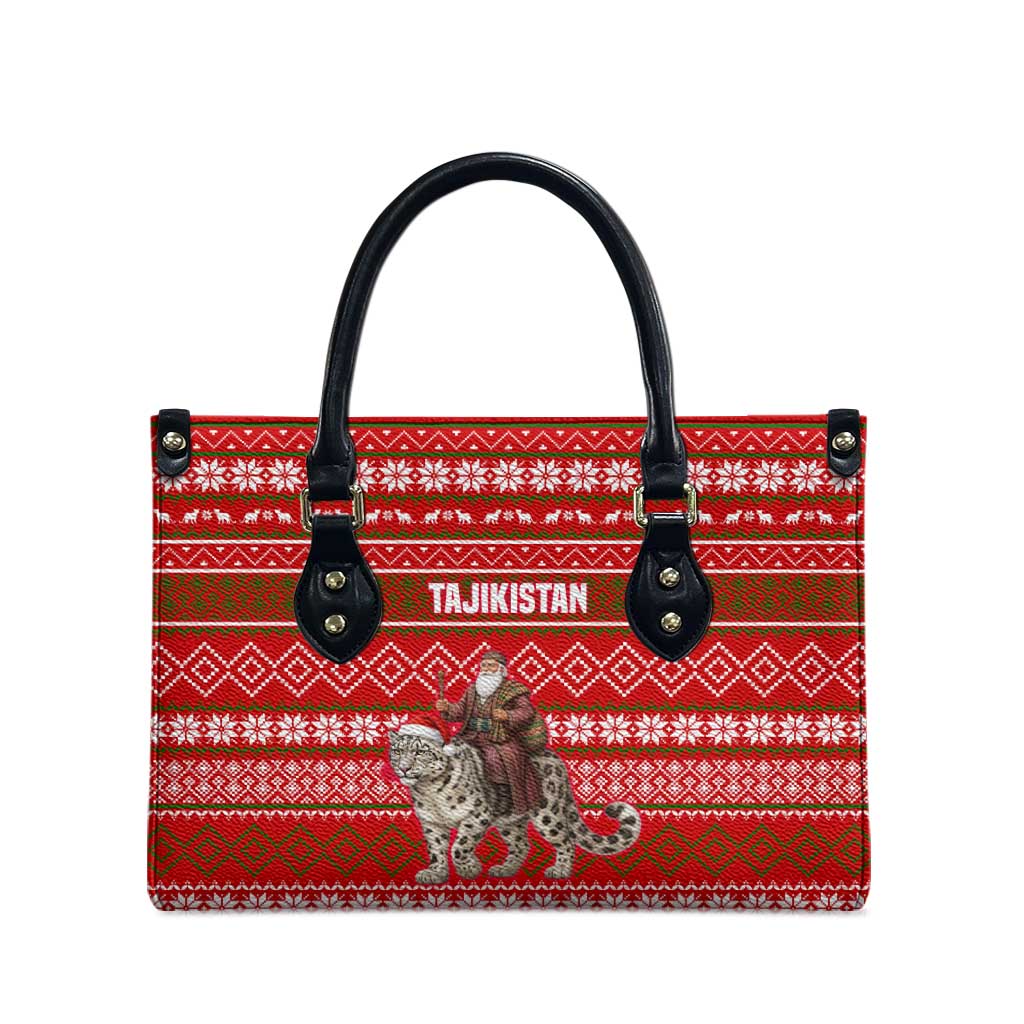 Tajikistan Christmas Leather Bag with Santa Riding Snow Leopard National Emblem and Red Holiday Pattern - Wonder Print Shop