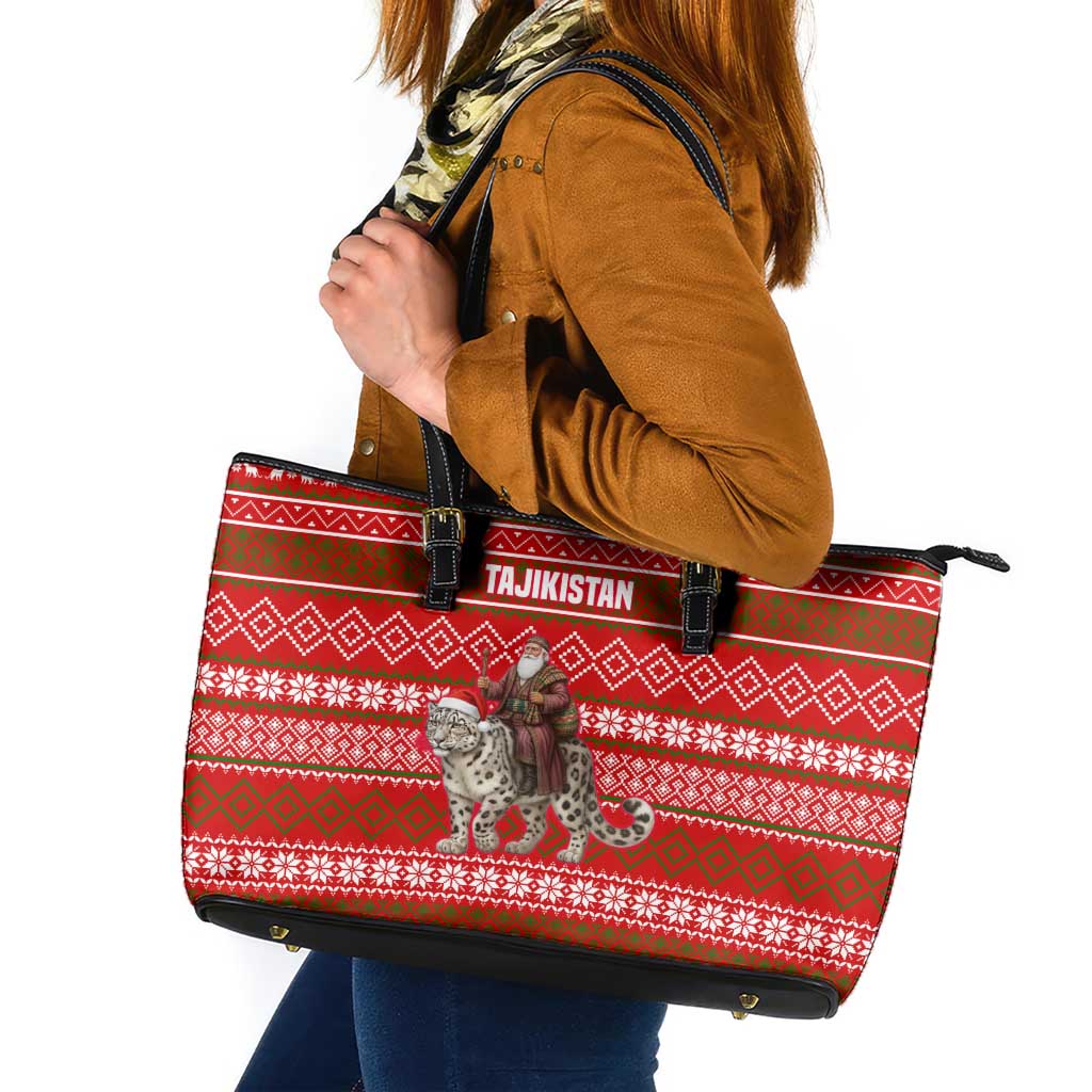 Tajikistan Christmas Leather Tote Bag with Santa Riding Snow Leopard National Emblem and Red Holiday Pattern - Wonder Print Shop