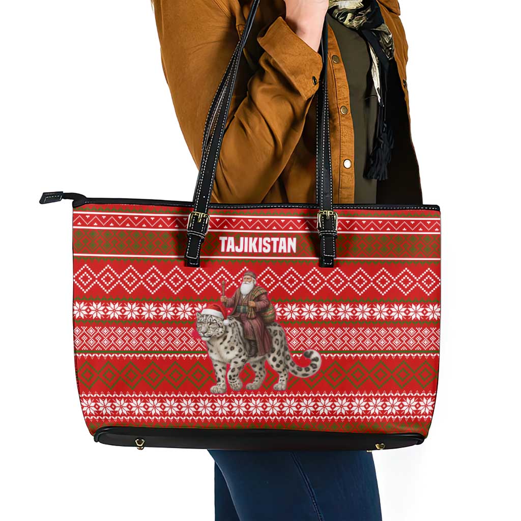 Tajikistan Christmas Leather Tote Bag with Santa Riding Snow Leopard National Emblem and Red Holiday Pattern - Wonder Print Shop