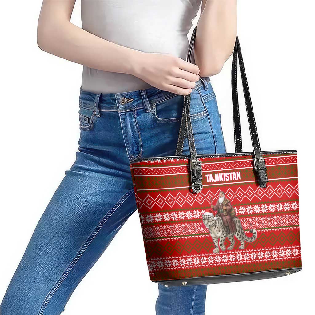 Tajikistan Christmas Leather Tote Bag with Santa Riding Snow Leopard National Emblem and Red Holiday Pattern - Wonder Print Shop