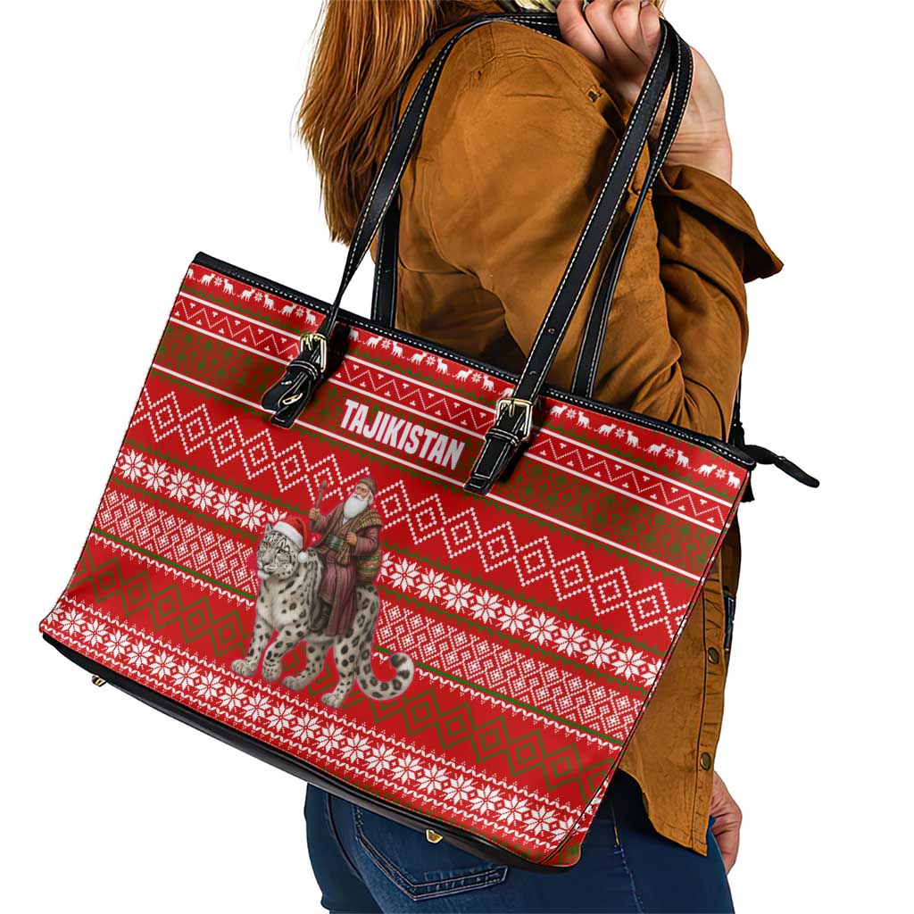 Tajikistan Christmas Leather Tote Bag with Santa Riding Snow Leopard National Emblem and Red Holiday Pattern - Wonder Print Shop