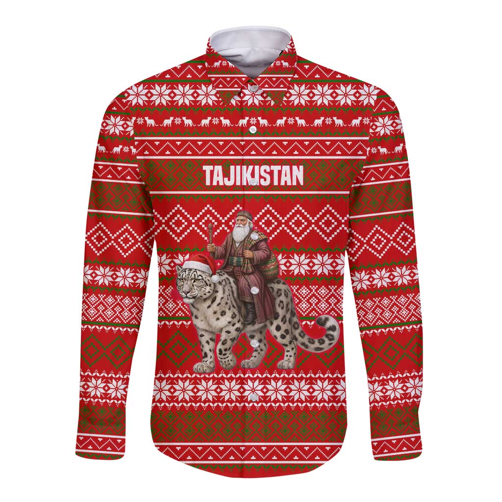 Tajikistan Christmas Long Sleeve Button Shirt with Santa Riding Snow Leopard National Emblem and Red Holiday Pattern - Wonder Print Shop