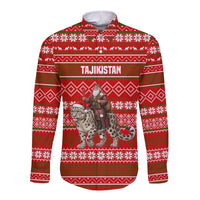 Tajikistan Christmas Long Sleeve Button Shirt with Santa Riding Snow Leopard National Emblem and Red Holiday Pattern - Wonder Print Shop