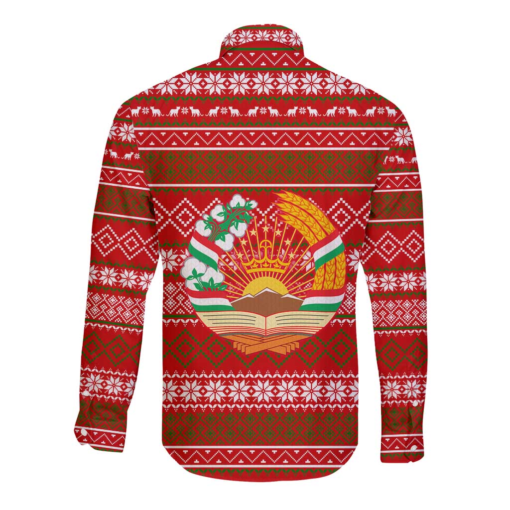 Tajikistan Christmas Long Sleeve Button Shirt with Santa Riding Snow Leopard National Emblem and Red Holiday Pattern - Wonder Print Shop