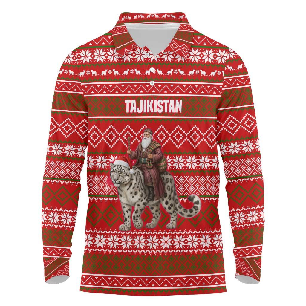 Tajikistan Christmas Long Sleeve Polo Shirt with Santa Riding Snow Leopard National Emblem and Red Holiday Pattern - Wonder Print Shop
