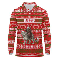 Tajikistan Christmas Long Sleeve Polo Shirt with Santa Riding Snow Leopard National Emblem and Red Holiday Pattern - Wonder Print Shop