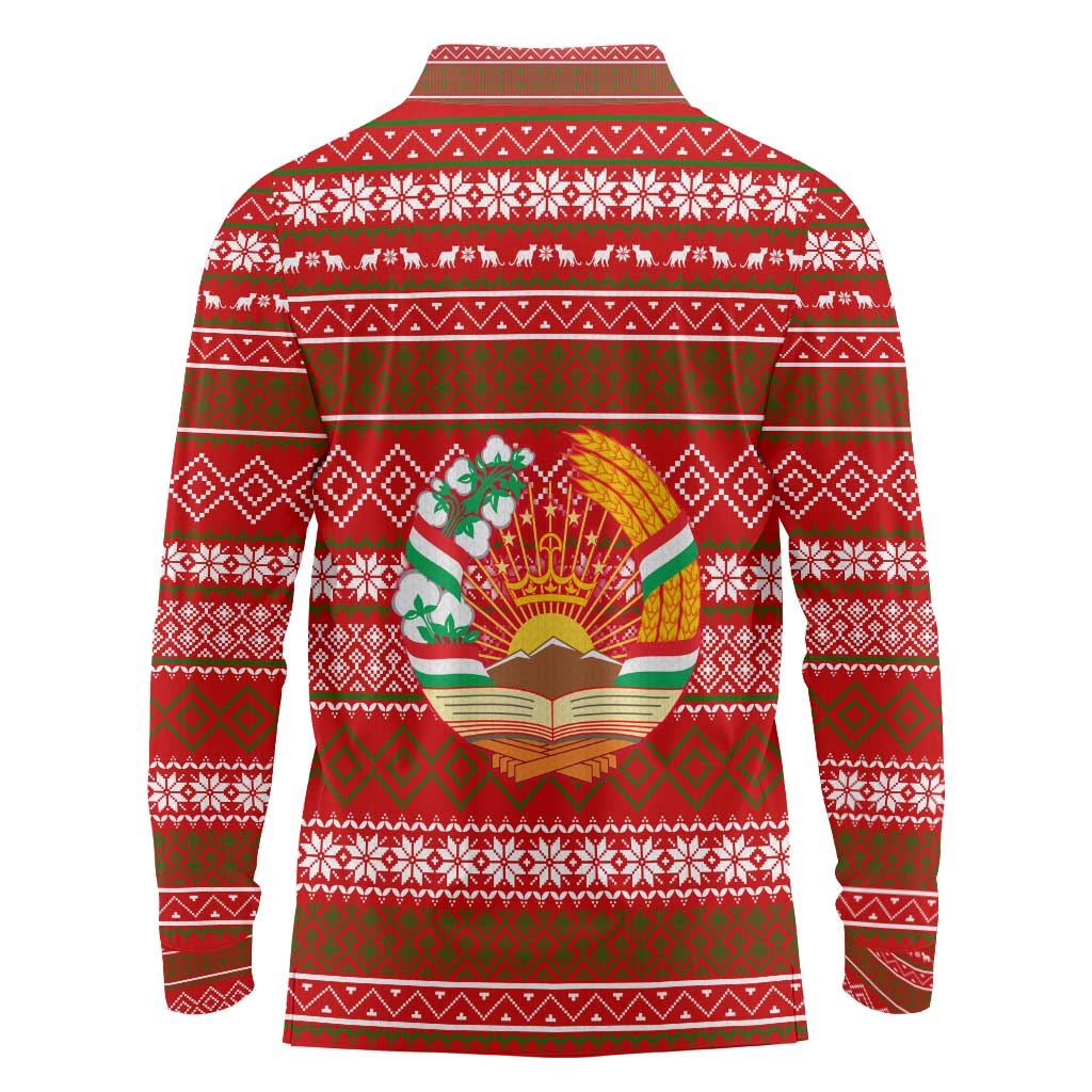 Tajikistan Christmas Long Sleeve Polo Shirt with Santa Riding Snow Leopard National Emblem and Red Holiday Pattern - Wonder Print Shop