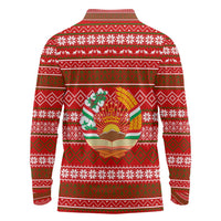 Tajikistan Christmas Long Sleeve Polo Shirt with Santa Riding Snow Leopard National Emblem and Red Holiday Pattern - Wonder Print Shop