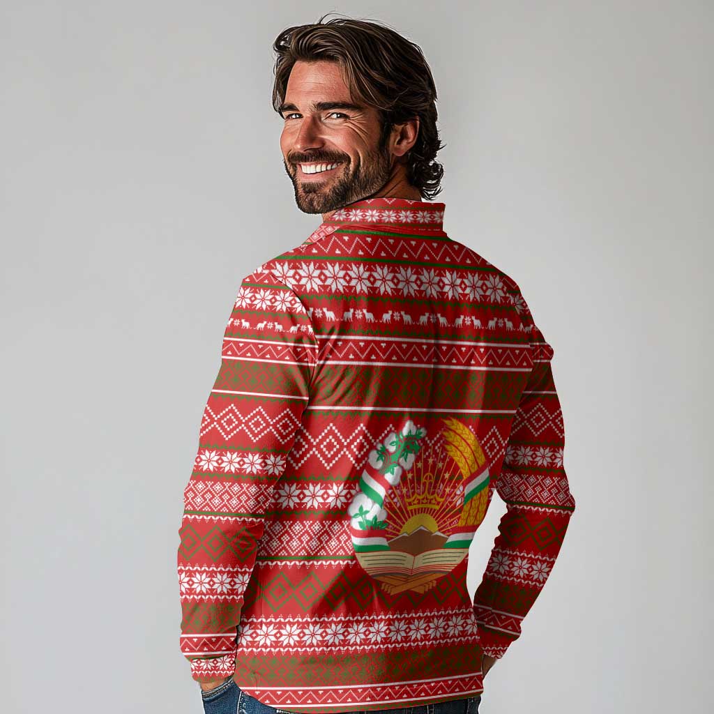 Tajikistan Christmas Long Sleeve Polo Shirt with Santa Riding Snow Leopard National Emblem and Red Holiday Pattern - Wonder Print Shop