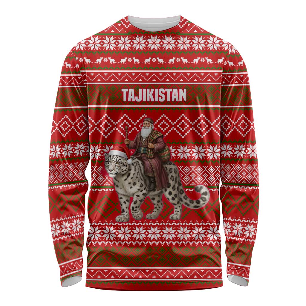 Tajikistan Christmas Long Sleeve Shirt with Santa Riding Snow Leopard National Emblem and Red Holiday Pattern - Wonder Print Shop