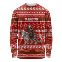 Tajikistan Christmas Long Sleeve Shirt with Santa Riding Snow Leopard National Emblem and Red Holiday Pattern - Wonder Print Shop