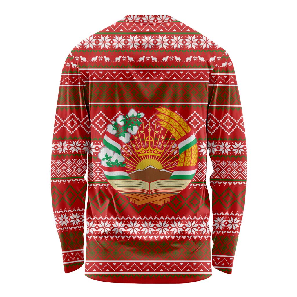 Tajikistan Christmas Long Sleeve Shirt with Santa Riding Snow Leopard National Emblem and Red Holiday Pattern - Wonder Print Shop