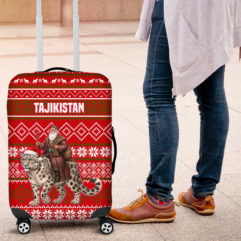 Tajikistan Christmas Luggage Cover with Santa Riding Snow Leopard National Emblem and Red Holiday Pattern - Wonder Print Shop