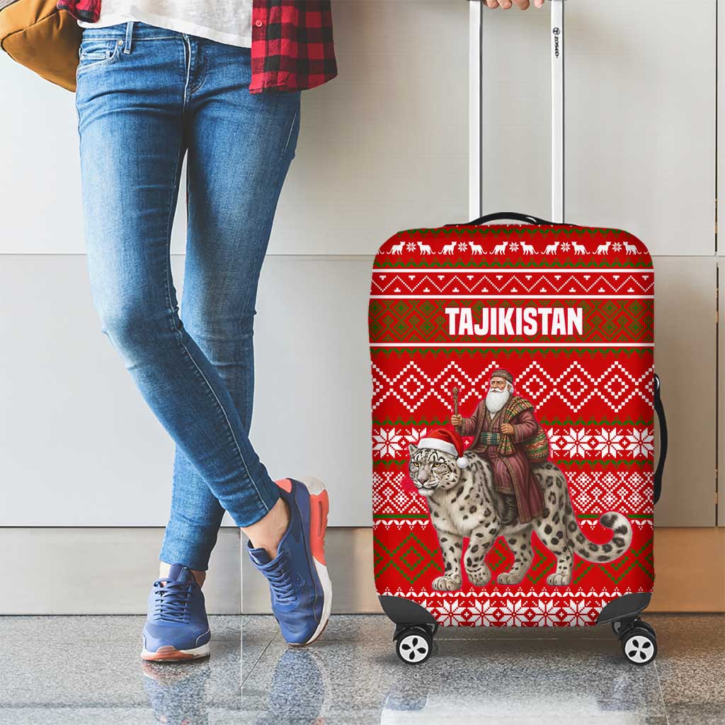 Tajikistan Christmas Luggage Cover with Santa Riding Snow Leopard National Emblem and Red Holiday Pattern - Wonder Print Shop