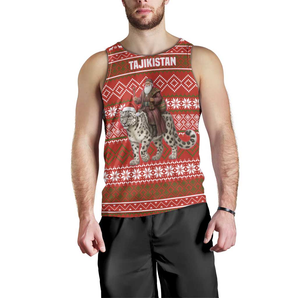 Tajikistan Christmas Men Tank Top with Santa Riding Snow Leopard National Emblem and Red Holiday Pattern - Wonder Print Shop