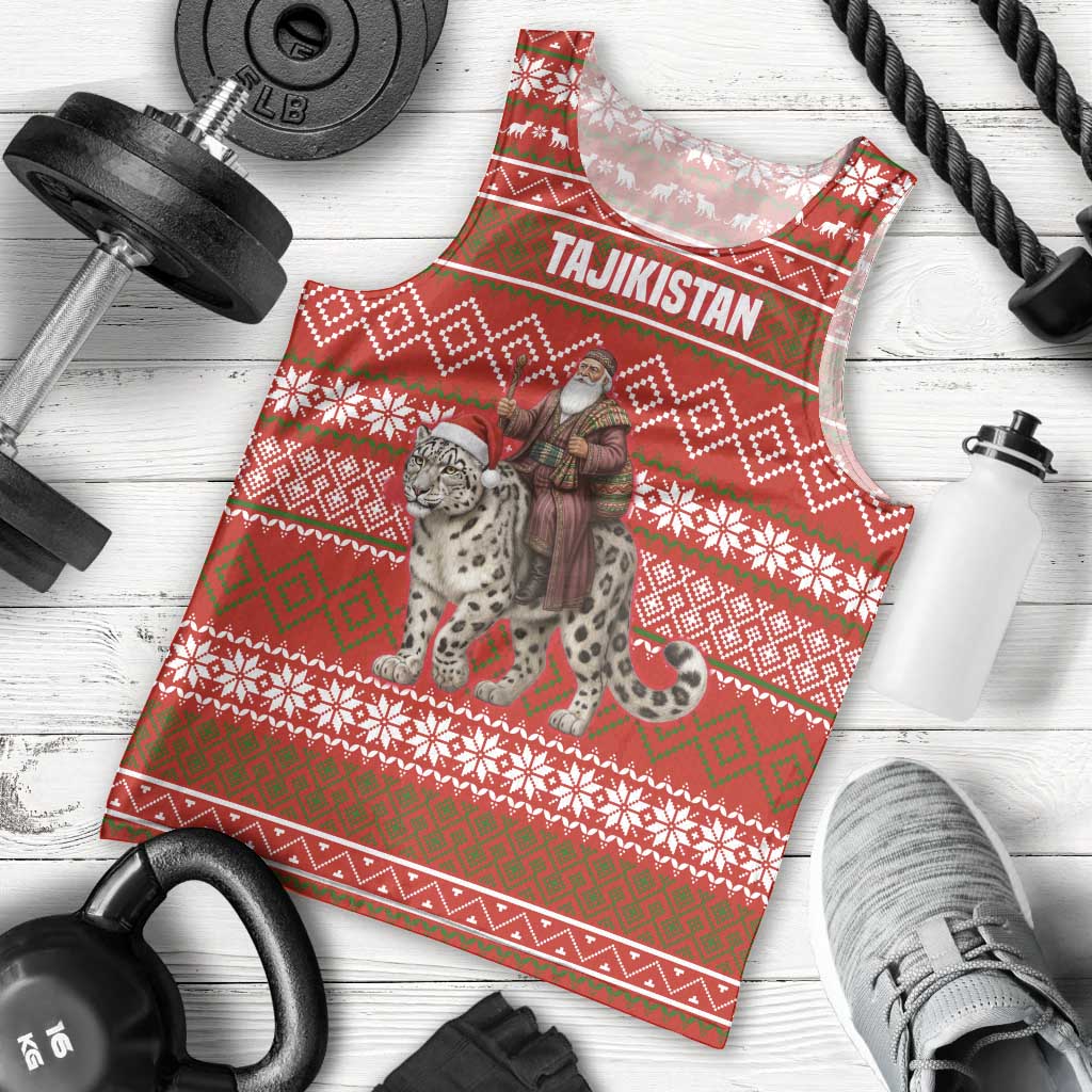 Tajikistan Christmas Men Tank Top with Santa Riding Snow Leopard National Emblem and Red Holiday Pattern - Wonder Print Shop
