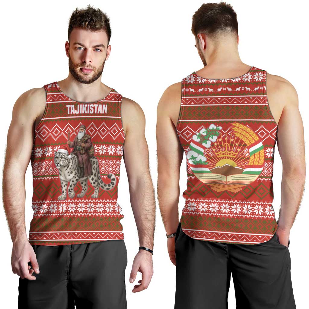 Tajikistan Christmas Men Tank Top with Santa Riding Snow Leopard National Emblem and Red Holiday Pattern - Wonder Print Shop