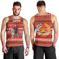 Tajikistan Christmas Men Tank Top with Santa Riding Snow Leopard National Emblem and Red Holiday Pattern - Wonder Print Shop