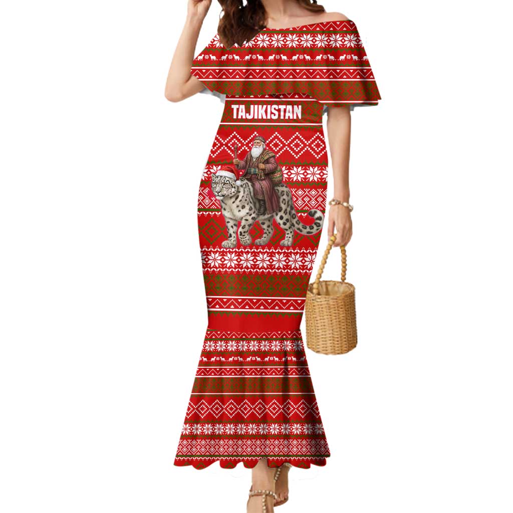 Tajikistan Christmas Mermaid Dress with Santa Riding Snow Leopard National Emblem and Red Holiday Pattern - Wonder Print Shop