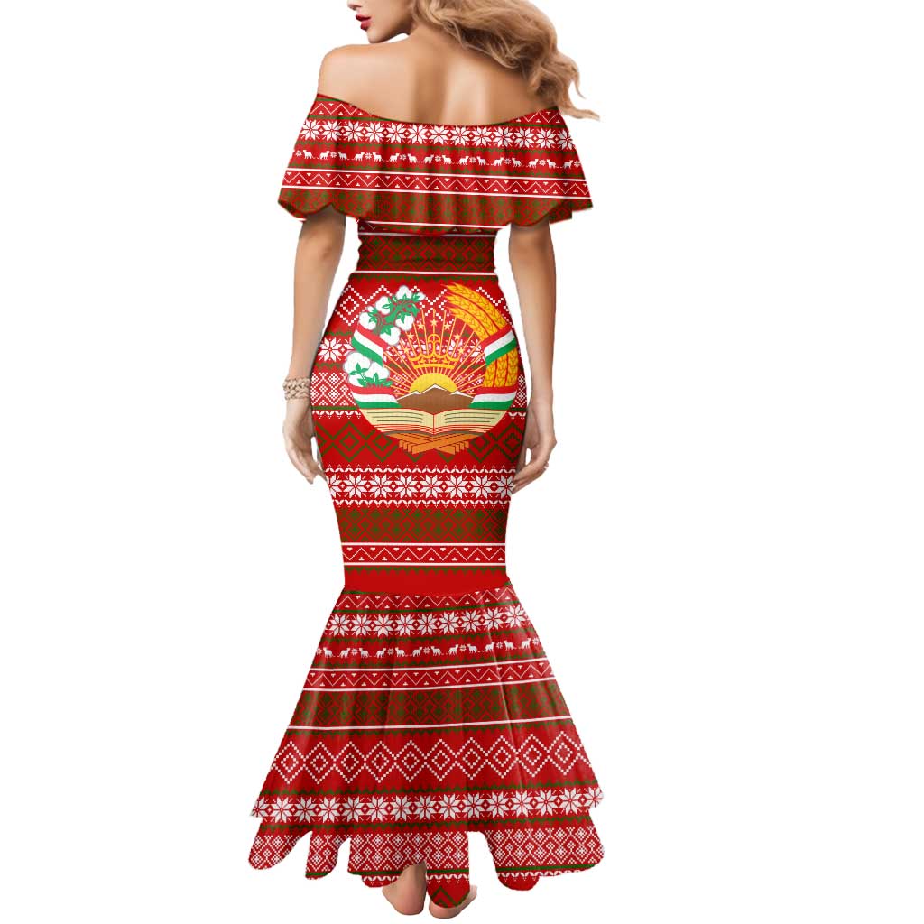 Tajikistan Christmas Mermaid Dress with Santa Riding Snow Leopard National Emblem and Red Holiday Pattern - Wonder Print Shop