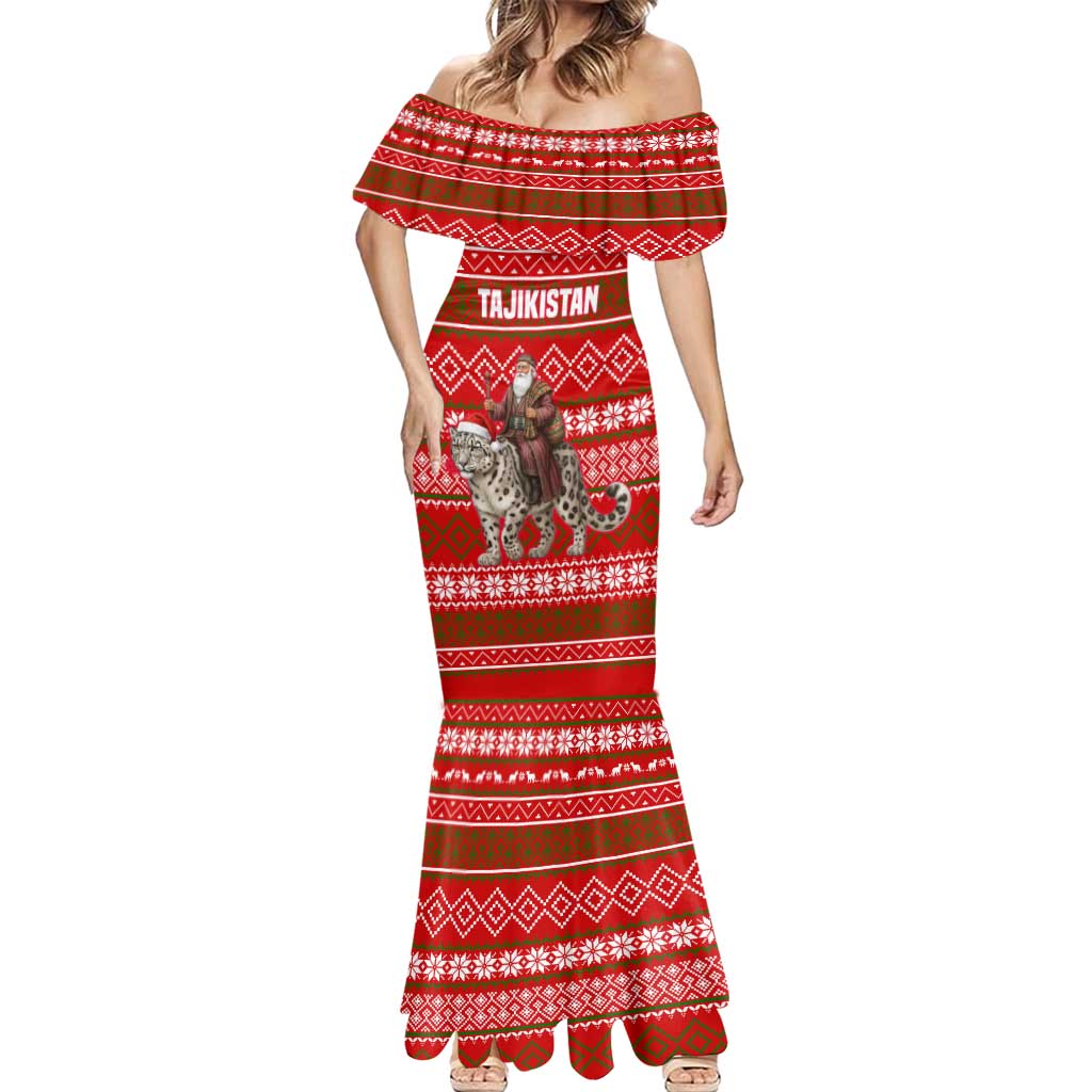 Tajikistan Christmas Mermaid Dress with Santa Riding Snow Leopard National Emblem and Red Holiday Pattern - Wonder Print Shop