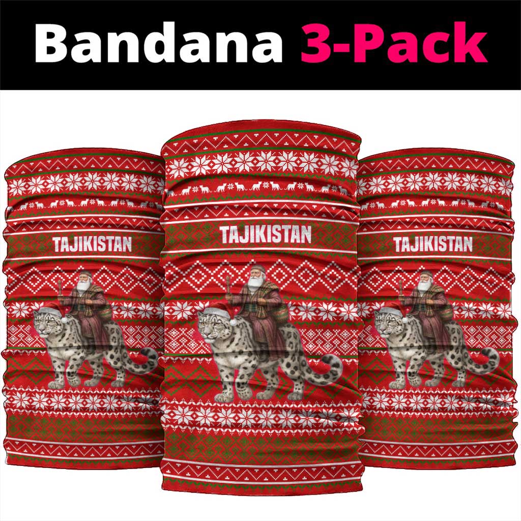 Tajikistan Christmas Neck Gaiter with Santa Riding Snow Leopard National Emblem and Red Holiday Pattern - Wonder Print Shop