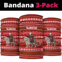 Tajikistan Christmas Neck Gaiter with Santa Riding Snow Leopard National Emblem and Red Holiday Pattern - Wonder Print Shop