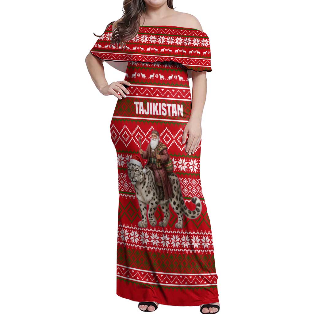 Tajikistan Christmas Off Shoulder Maxi Dress with Santa Riding Snow Leopard National Emblem and Red Holiday Pattern - Wonder Print Shop