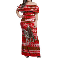 Tajikistan Christmas Off Shoulder Maxi Dress with Santa Riding Snow Leopard National Emblem and Red Holiday Pattern - Wonder Print Shop