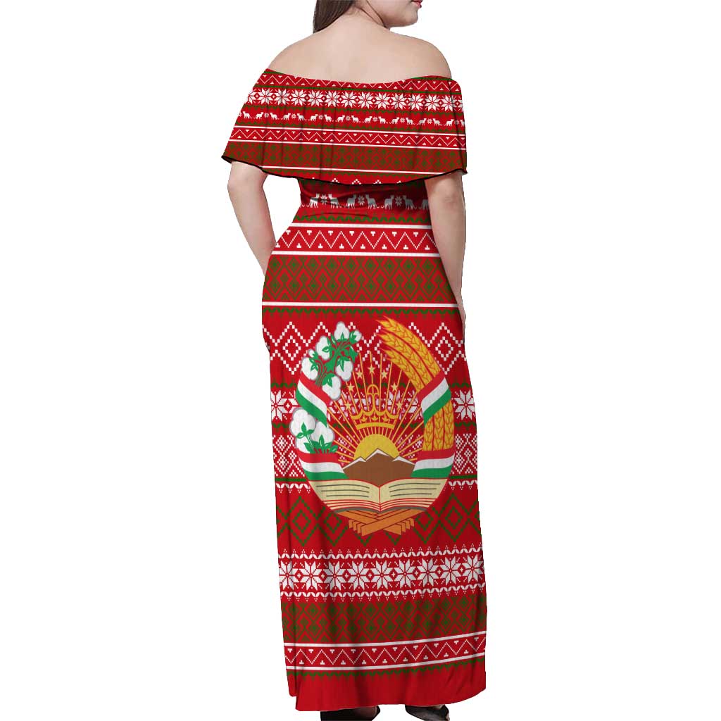 Tajikistan Christmas Off Shoulder Maxi Dress with Santa Riding Snow Leopard National Emblem and Red Holiday Pattern - Wonder Print Shop