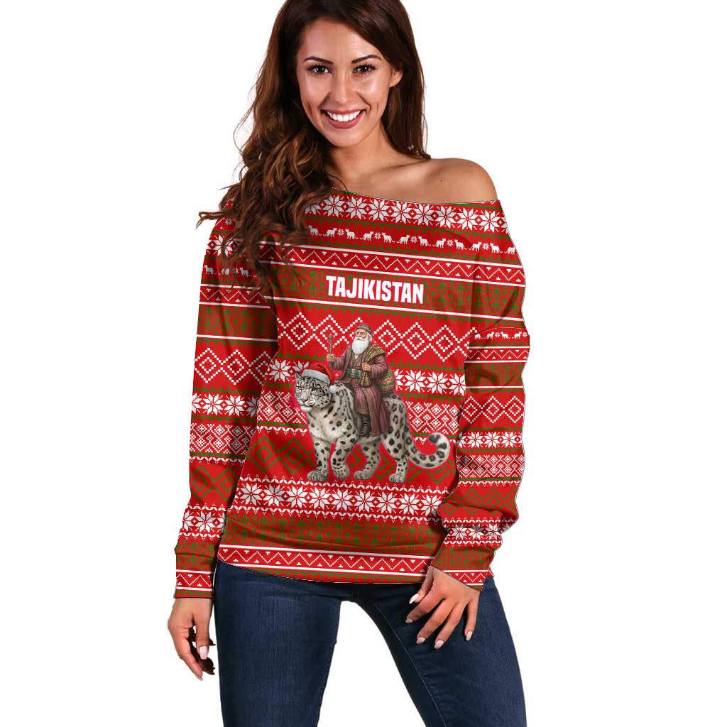 Tajikistan Christmas Off Shoulder Sweater with Santa Riding Snow Leopard National Emblem and Red Holiday Pattern - Wonder Print Shop
