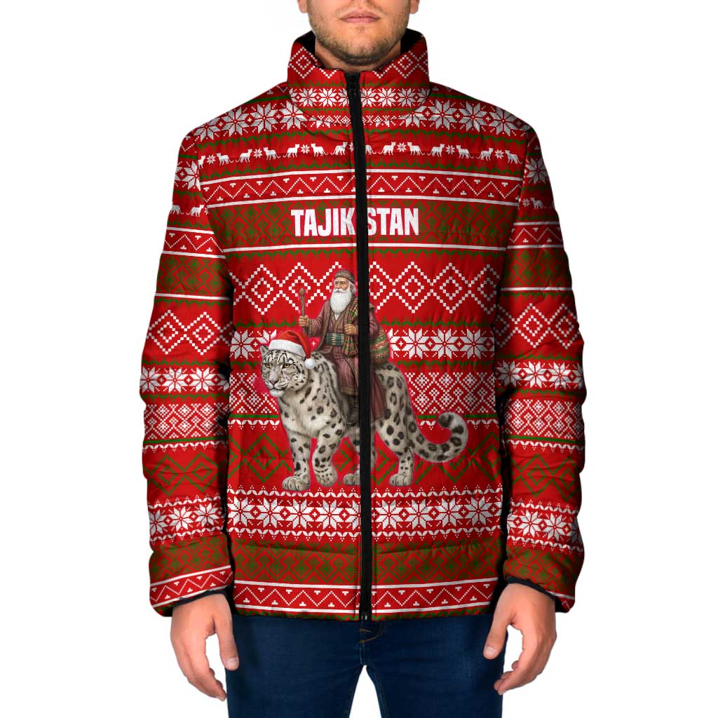 Tajikistan Christmas Padded Jacket with Santa Riding Snow Leopard National Emblem and Red Holiday Pattern - Wonder Print Shop