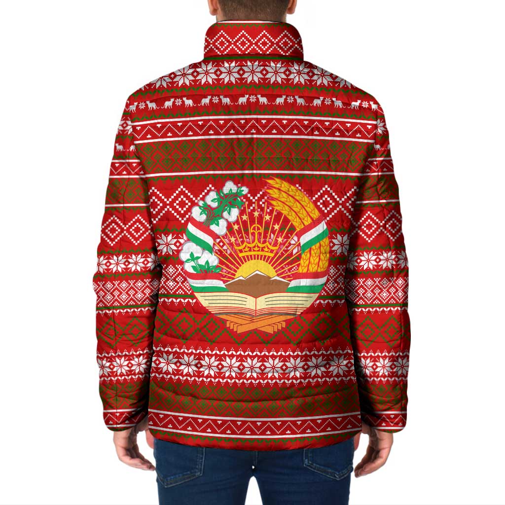 Tajikistan Christmas Padded Jacket with Santa Riding Snow Leopard National Emblem and Red Holiday Pattern - Wonder Print Shop