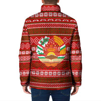 Tajikistan Christmas Padded Jacket with Santa Riding Snow Leopard National Emblem and Red Holiday Pattern - Wonder Print Shop