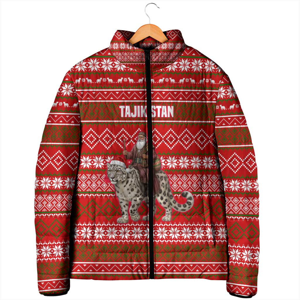 Tajikistan Christmas Padded Jacket with Santa Riding Snow Leopard National Emblem and Red Holiday Pattern - Wonder Print Shop