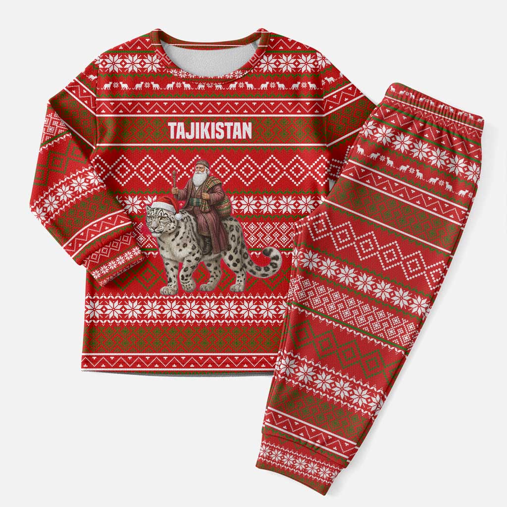 Tajikistan Christmas Pajama Set with Santa Riding Snow Leopard National Emblem and Red Holiday Pattern - Wonder Print Shop