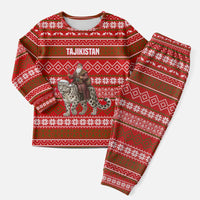 Tajikistan Christmas Pajama Set with Santa Riding Snow Leopard National Emblem and Red Holiday Pattern - Wonder Print Shop