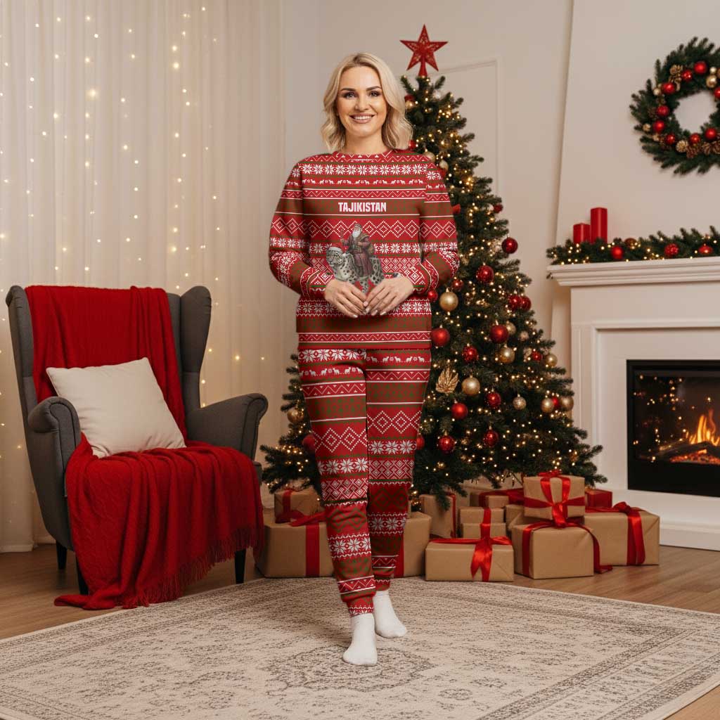 Tajikistan Christmas Pajama Set with Santa Riding Snow Leopard National Emblem and Red Holiday Pattern - Wonder Print Shop