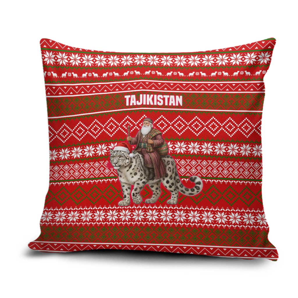 Tajikistan Christmas Pillow Cover with Santa Riding Snow Leopard National Emblem and Red Holiday Pattern - Wonder Print Shop