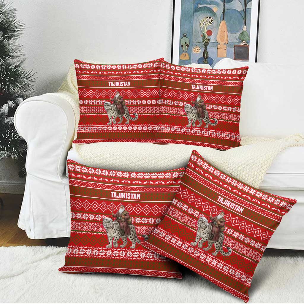 Tajikistan Christmas Pillow Cover with Santa Riding Snow Leopard National Emblem and Red Holiday Pattern - Wonder Print Shop