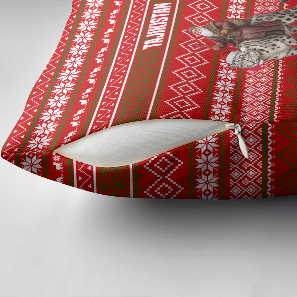 Tajikistan Christmas Pillow Cover with Santa Riding Snow Leopard National Emblem and Red Holiday Pattern - Wonder Print Shop